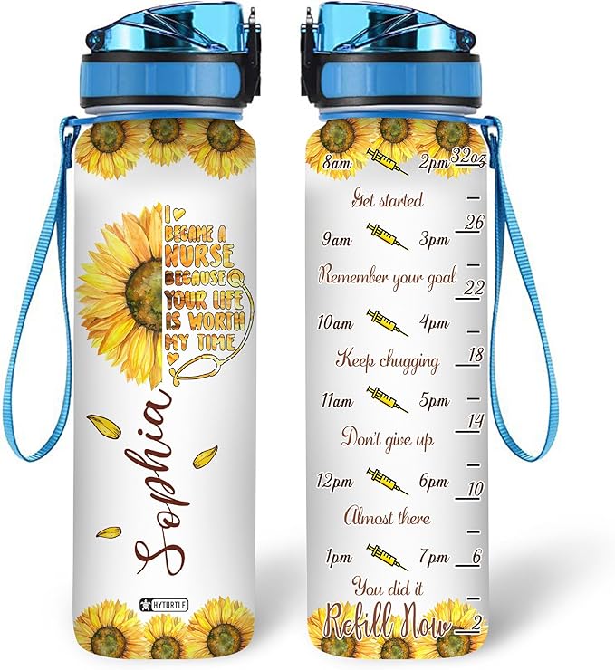 Hyturtle Personalized I Became A Nurse Sunflower 32oz Liter Motivational Water Bottle, Customized Name Tracking Water Bottle Funny Nurse, Gifts For Nurses, Women Coworkers On Birthday, Mother's Day,