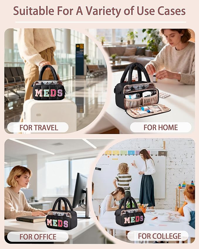 Fasrom Chenille Letter Medicine Bag, Preppy Patch Meds Bags for Travel, Pill Bottle Organizer with Puffy Handles, Portable Cosmetic Toiletry Storage Makeup Case for Women, Black (Bag Only)