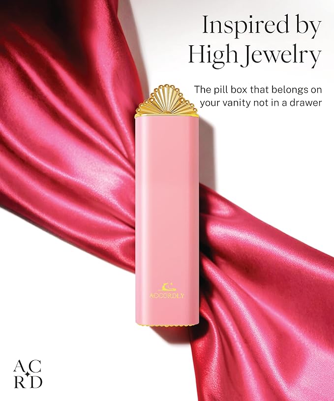 7 Day Metal Pill Organizer, Luxury Pill Compact, Travel Pill Case for Purse, Elegant Fancy Gold Pill Case for Vitamins, Medicine, Supplements, Luxury Wellness Gift - Pink