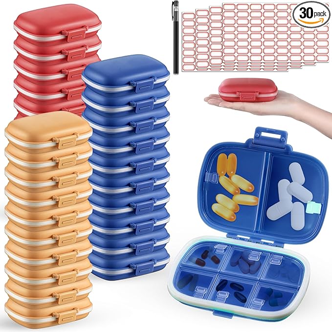 Layhit 30 Pcs Travel Pill Organizer Bulk with Labels Portable Daily Pill Dispenser 8 Compartments Medicine Storage Case for Vitamins, Fish Oils, Supplements (Yellow,Watermelon Red,Dark Blue)
