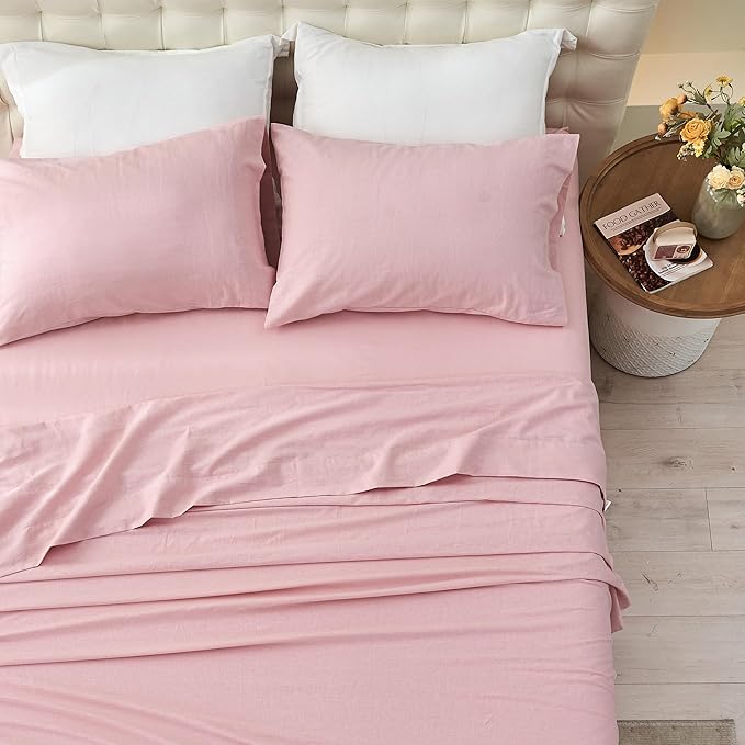 Simple&Opulence Belgian Linen Sheet Set Solid Color - 3 Pieces (1 Flat Sheet & 1 Fitted Sheet & 1 Pillowcase) Natural Flax Cotton Blend Soft Bedding Breathable Farmhouse - Pale Pink, Twin Size