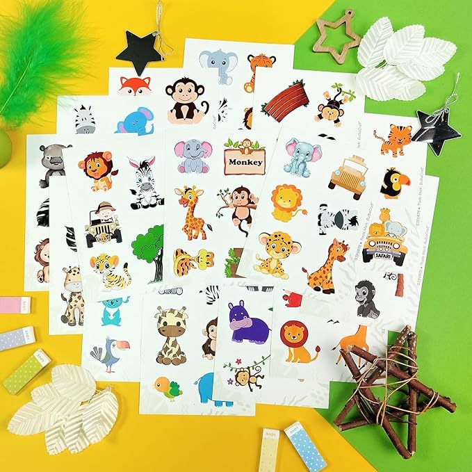 BulbaCraft 100Pcs Safari Animal Stickers, Jungle Stickers, Safari Party suppliess, Jungle Birthday Party Decorations, Gifts for Women & Men