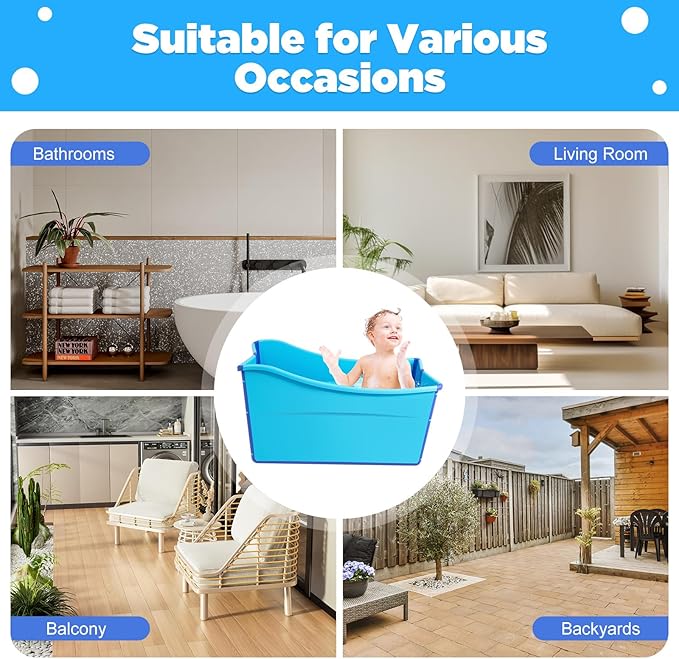 Large Home Foldable Bathtub, Blue Portable Ice Soaking Bath Tub for Adult in Bathroom, Freestanding Tub with 3.6ft Drain Hose & Drain Plug