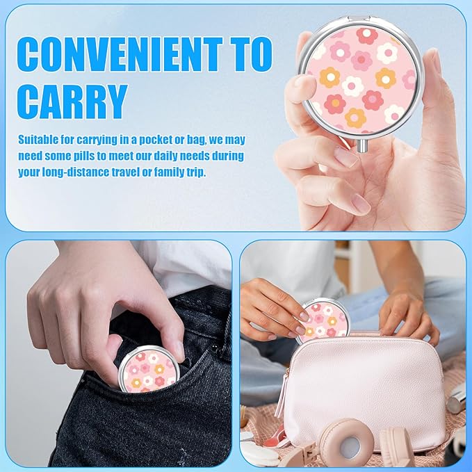 Pill Box, 3 Compartments Small Boho Pill Case Travel Portable Metal Medicine Box with Mirror Mini Container for Purse Pocket Women Men(Pink Groovy Flower)