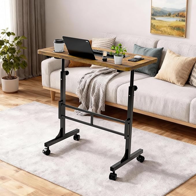 Furmax Small Portable Standing Desk Adjustable Height, Mobile Stand Laptop Computer Workstation with Lockable Wheels for Walking Pad Treadmill (Rustic)