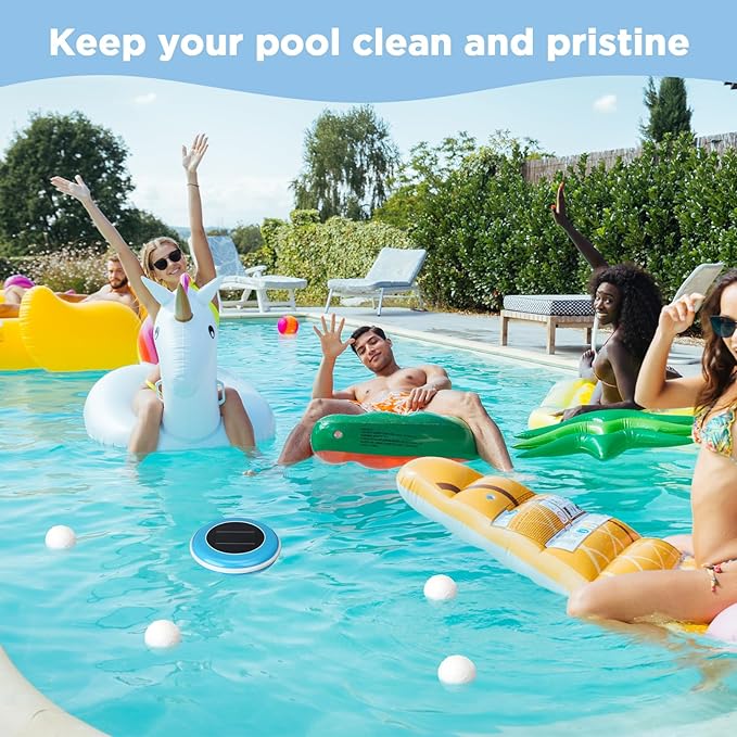 Qualirey 1 Set Solar Pool Ionizer Floating Water Cleaner and Purifier, Kill Algae in Pool, 85% Less Cl, with 4 Pcs Eliminating Ball for Fresh and Salt Water Pools Spas, Reusable(Blue)