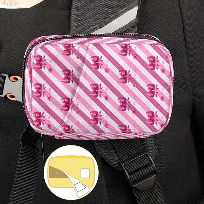 Pink Bow Diagonal Stripes Travel Pill Organizer Box Weekly Portable Pill Case Daily Pills 7 Day Small Birth Control Pills Container Removable Compartments for Medicine Vitamins Fish Oil