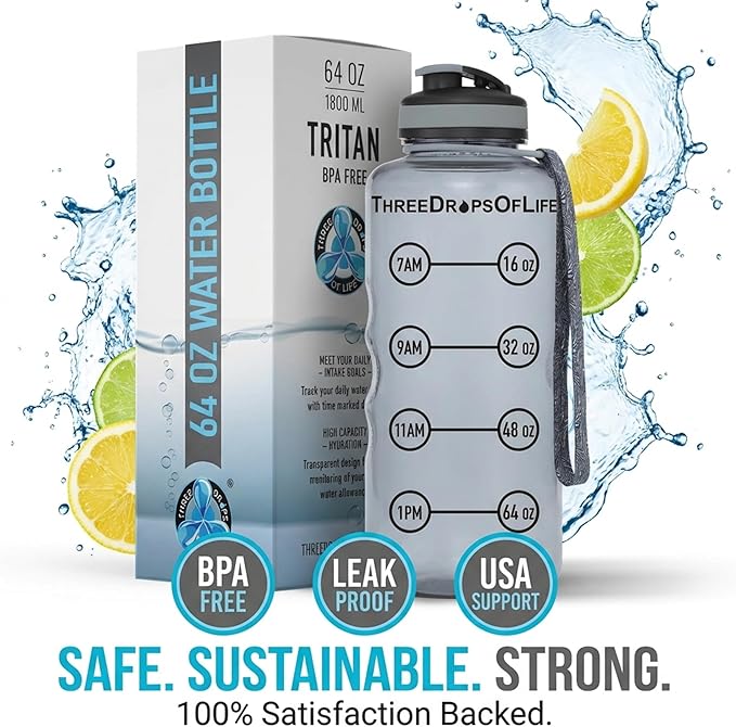 Three Drops of Life 64oz Tritan Plastic Water Bottle, Large, Smoke Gray, High Capacity Hydration Tracker, BPA Free, Reusable, Best for Indoor, Outdoor, Sports Use