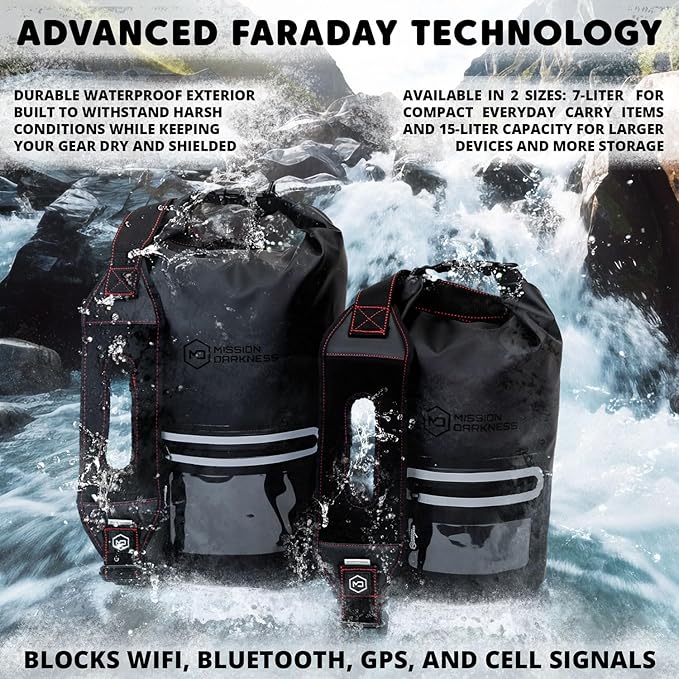 Mission Darkness Dry Shield Faraday Tote 7L Capacity // Waterproof Dry Bag for Electronic Device Security & Transport Signal Blocking Anti-Tracking EMP Shield Data Privacy Fits Phones Tablets Radios