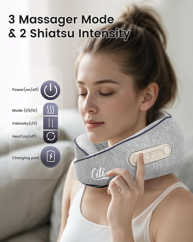 CILI Cordless Neck Massager Pillow with Heat, Shiatsu Neck Massager for Pain Relief Deep Tissue,Heated Massage Pillow for Travel,3 Adjustable Intensity