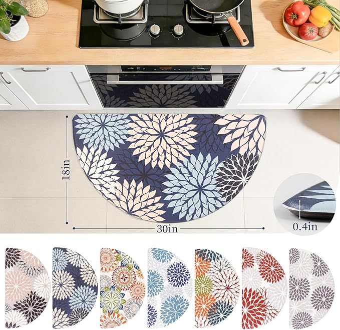 PVC Anti-Fatigue Semi Circle Kitchen Mats, Non-Slip Kitchen Rugs, Comfort Standing Runner Rug, Multipurpose Indoor Mats for Laundry, Office, Bedroom, Sink, Bathroom,Dark Blue,size18 x30
