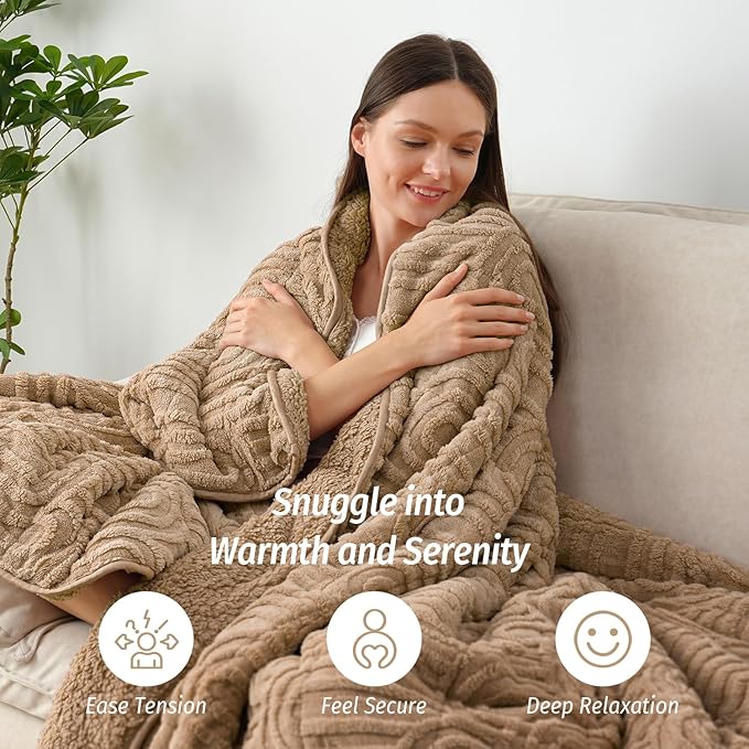 Wemore Jacquard Fleece Weighted Blanket Twin Size 48" x 72" 12lbs, Ultra Soft Cozy Sherpa Weighted Blankets for Adults, Ultra Fuzzy Heavy Blanket for Sleep, Fluffy Warm Throw for Bed, Brown