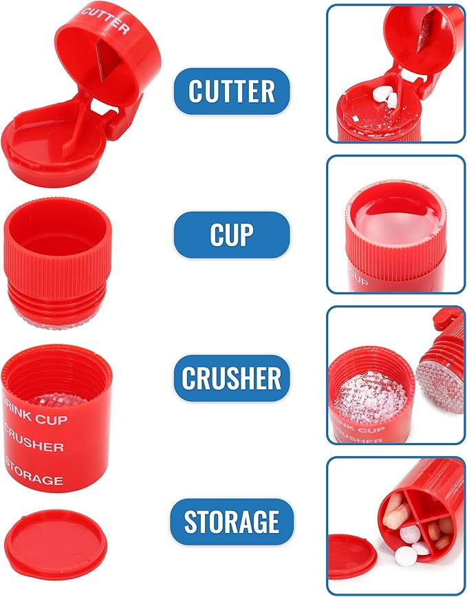 HealthSmart 2 Pack - 4-in-1 Pill Cutter, Crusher & Storage with Drinking Cup, Portable Medication Organizer for Travel, Seniors, Splitter, Pill Box for Small and Tiny to Large Pills – Multi-Tool