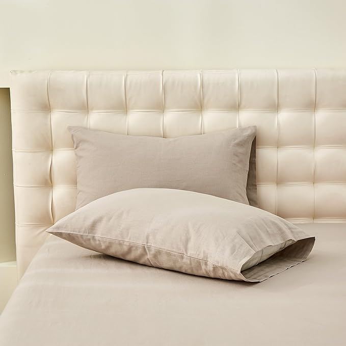 Simple&Opulence Belgian Linen Sheet Set Solid Color - 4 Pieces (1 Flat Sheet & 1 Fitted Sheet & 2 Pillowcases) Natural Flax Cotton Blend Soft Bedding Breathable Farmhouse - Khaki, Queen Size