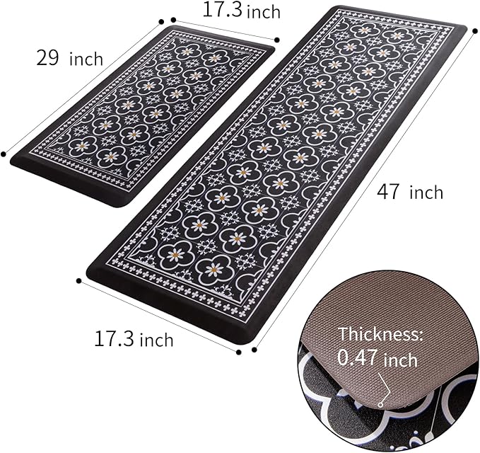 Kitchen Mat, [2 PCS] Kitchen Rugs, Cushioned Anti-Fatigue Non-Skid Waterproof Rugs, Ergonomic Comfort Standing Mat for Kitchen, Floor, Sink, Laundry, (Black)