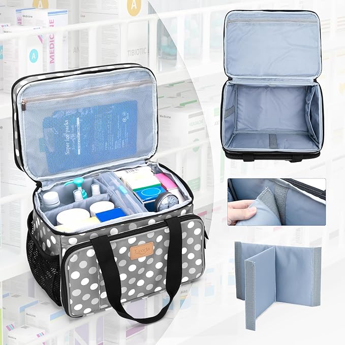 LUXJA 2 Layers Medicine Bag with Detachable Divider, Pill Bottle Organizer Suitable for Home or Travel Use, Gray Dots
