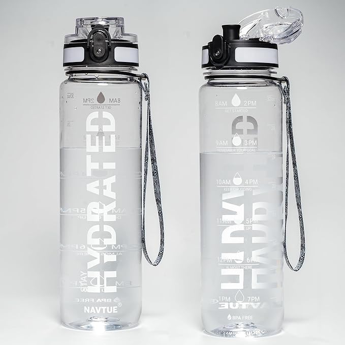Water Bottle, 32 oz Sports Water Bottles with Time Marker Wide Mouth, Motivational and Leakproof Drink Bottle, BPA Free Tritan with Carry Strap for Gym Fitness Outdoor(1 Bottle)