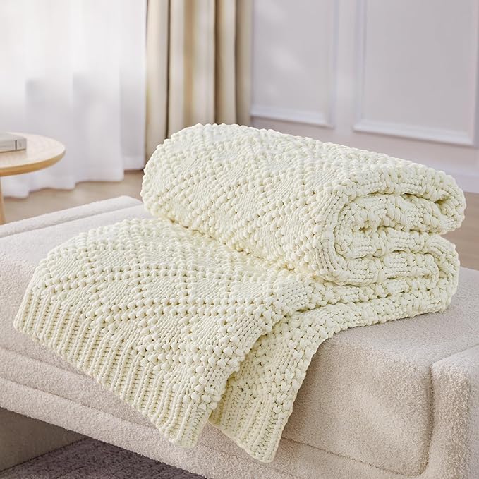 Knitted Weighted Blanket for Adult, Chunky Knit Weighted Throw for Sleep 48"*72" 15lbs, Cooling Breathable Heavy Blanket for Hot Sleepers, Machine Washable Blanket for Room Decor(Ivory White)