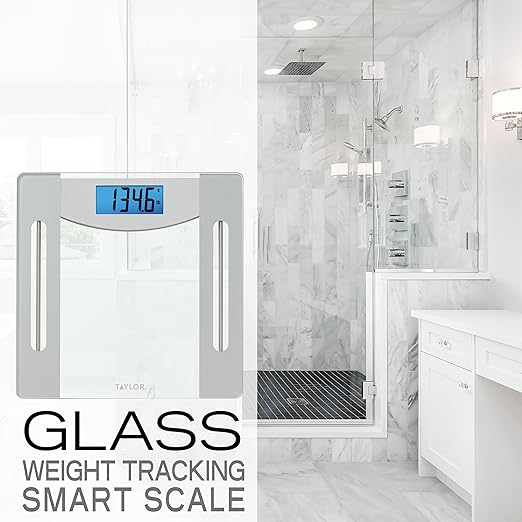 Taylor Smart Weight Tracking Scale with Precision Hub App for Body Weight with Smart App Connectivity, 400 lb Capacity, Glass & Silver Platform, Blue Backlit Display, Sync with 3rd Party App, Clear