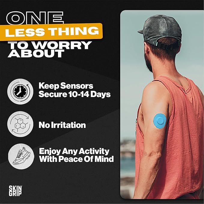 Skin Grip Freestyle Libre 2 Sensor Covers & Lingo CGM – Waterproof and Sweatproof Adhesive for 10-15 Days, Pre-Cut Medical Tape, Continuous Glucose Monitor Patch – 20 Pack, Blue