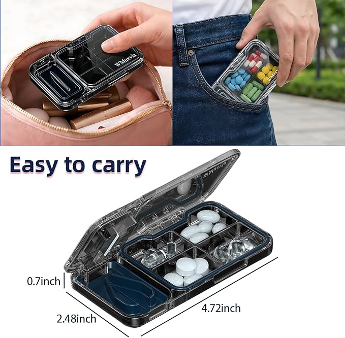 Portable Pill Cutter with Pill Organizer, 4-Compartment BPA-Free Moisture-Proof Pill Box, V-Slot Design for All Pills, Thickened Steel Blade & Safety Guard (Gray)