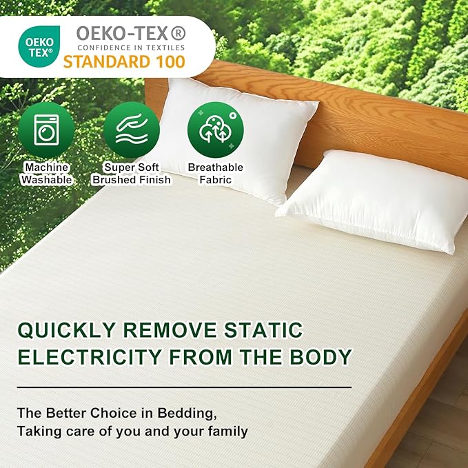 Ivellow Grounding Sheets King 10% Pure Silver Fiber 90% Organic Cotton Sheets King Size 16” Deep Pocket Soft Breathable Grounded Sheet Earth Connected Bedding Beige Fitted Sheet with Grounding Cord