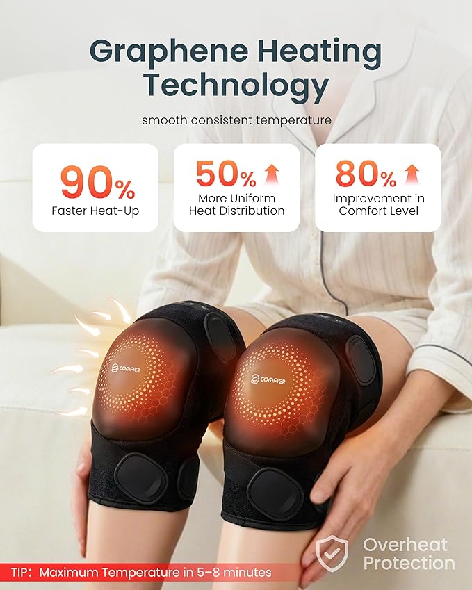 COMFIER Cordless Knee Massager with Graphene Heating, 3 Vibration Motors, Rechargeable Heated Knee Brace with 5 Modes & 3 Heat Levels, Portable Heating Pad for Men Women Seniors, Gift for Mom Dad