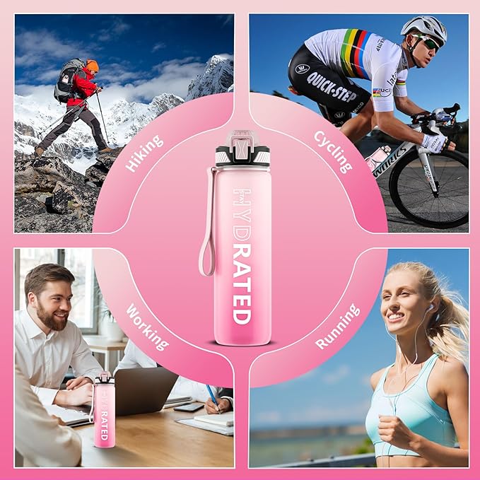 Water Bottle with Straw, 32oz Motivational Water Bottles with Time Marker to Drink, Tritan BPA Free, 1L Sports Water Bottle with Carry Strap LeakProof for Women Gym Fitness Outdoor (1 Pack)