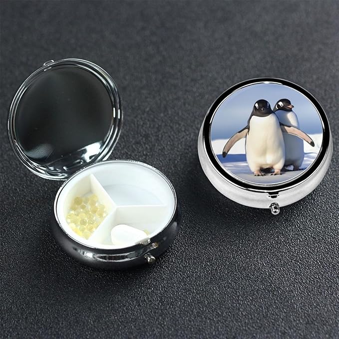 Pill Box Cute Penguin Round Pill Case 3 Compartment for Purse Cute Metal Pill Organizer Portable Travel Pillbox Mini Small Pill Container Holder to Hold Vitamins Fish Oil Supplements