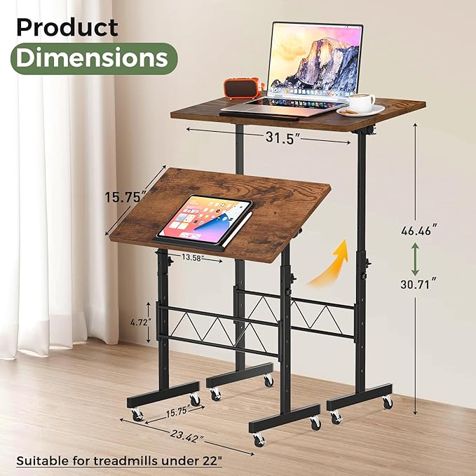 GTPLAYER Small Standing Desk Adjustable Height, 30.7"-46.4" Portable Computer Table Mobile Desk Workstation Stand Up Desk with Wheels Compact Rolling Table for Home Work Treadmill Walking Pad Brown