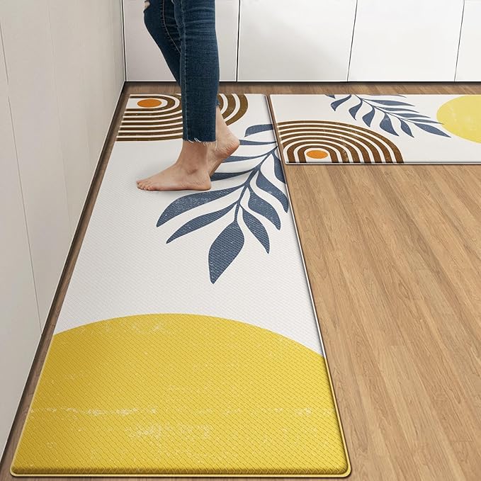 Anti-Fatigue Boho Kitchen Rug Set of 2 Cushioned Bohemian Rug Mat for Floor, Yellow Sun Standing Waterproof Non-Slip Mat PVC Ergonomic Comfort Foam Rug for Kitchen