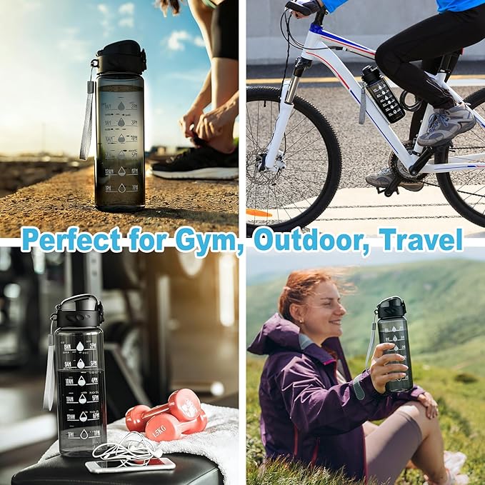 Clear Water Bottle, Wide Mouth Leakproof Water Bottle with Time Marker, 26OZ Plastic Water Bottles, Lightweight for Sports, Travel, Black