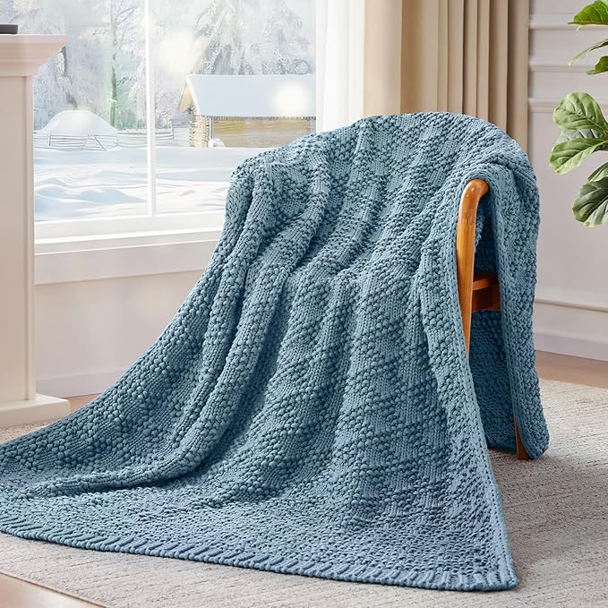 Knitted Weighted Blanket for Adult, Chunky Knit Weighted Throw for Sleep 50"*60" 10lbs, Cooling Breathable Heavy Blanket for Hot Sleepers, Machine Washable Blanket for Room Decor(HazeBlue)