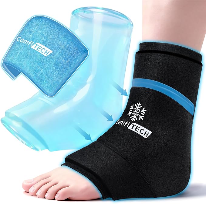ComfiTECH Dual-Gel Ankle Ice Pack Wrap with Extended 30-Minute Cooling, Detachable Ice Pack & Flexible Reusable Gel Ice Sleeve Brace for Plantar Fasciitis, Achilles Tendonitis, Sore Feet & Heel, M