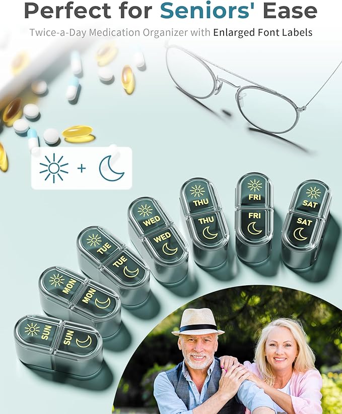 Pill Organizer 2 Times a Day, AM PM Pill Box 7 Day, Weekly Medicine Organizer with Large Capacity, Travel Pill Case for Medication, Vitamins, Fish Oils, Supplements (Easy to Use, Portable)