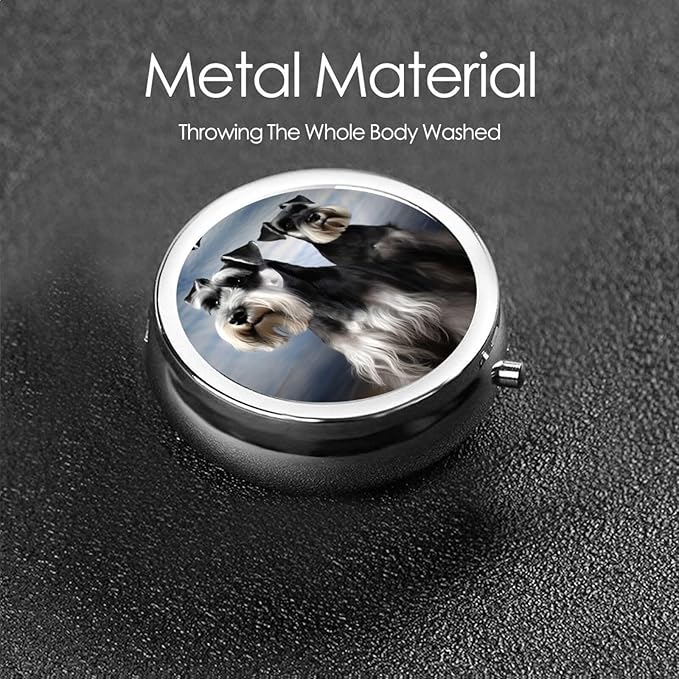 Pill Box 3 Compartment Medicine Pill Organizer Animal Schnauzer Dog Round Pill Case for Purse & Pocket Travel Pillbox Portable Metal Medicine Vitamin Fish Oil Organizer Unique Gift