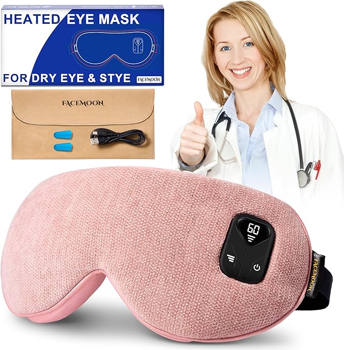 FACEMOON Cordless Heated Eye Mask for Stye & Eye Relief - Rechargeable Warm Compress for Dry Eyes, MGD & Blepharitis - Electric Warming Sleep Mask with Natural Flaxseed Moist Heat (Pink)