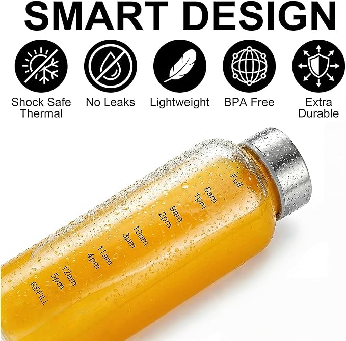 2 Pack Glass Water Bottles With Time Marker, 18 OZ Motivational Water Bottle with Non-slip Sleeve, Beverage Bottles with Hydrating Reminder, Reusable Drinking Bottle for Hot and Cold Drinks