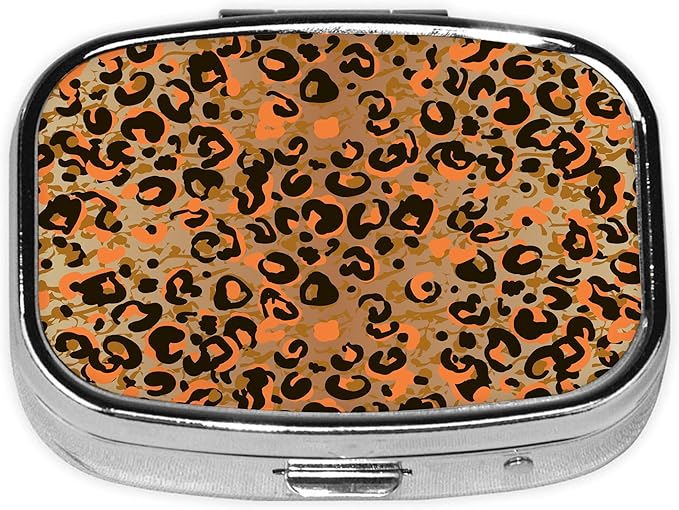 Pill Box-2 Compartment Small Pill Case Square Organizer Case with Mirror Portable Metal Medicine Box Travel Container for Pocket & Purse Women Men(Brown Leopard)