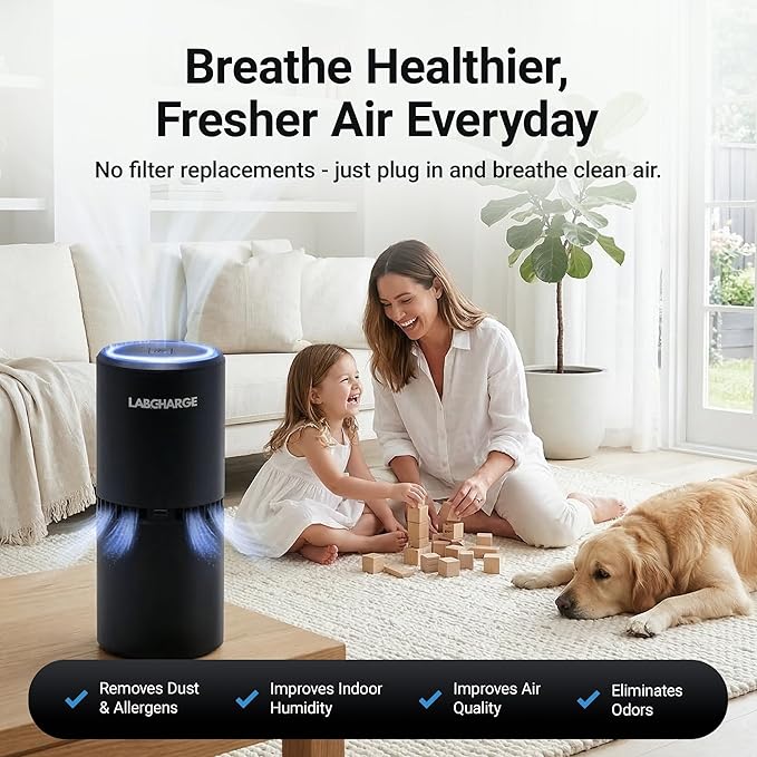 Lab Charge Small Ionic Air Purifier for Home & Bedroom – Silent HEPA Filter – Covers 250 Sq Ft - Free Cleaner for Pets, Hair, Smoke, Dust, Odors & Dander – Compact & Black Design - Pack of 3