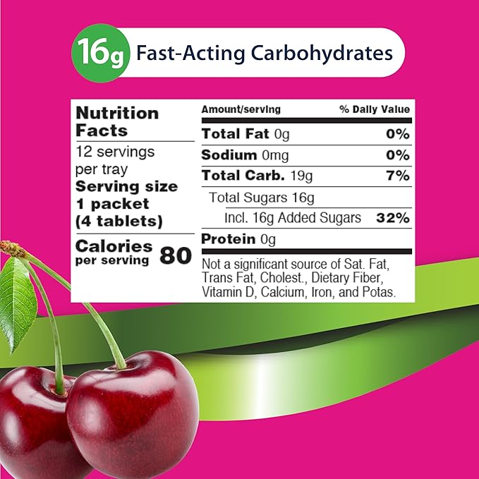 TRUEplus Soft Tabs Glucose Tablets, Chewable, Cherry Pop Flavor, 16g Fast-Acting Carbohydrates, Fat Free, Gluten Free, Raise Low Blood Sugar and Boost Energy, 4 Count, 12 Packs