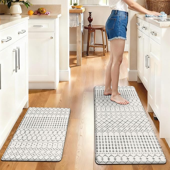 Anti Fatigue Kitchen Rugs Set of 2, Boho Kitchen Mats for Floor, Boho Kitchen Decor, Anti-Slip and Anti-Fatigue Foam Standing Mat,17x30 inch Sink Mat+17x47 inch Runner Rug White