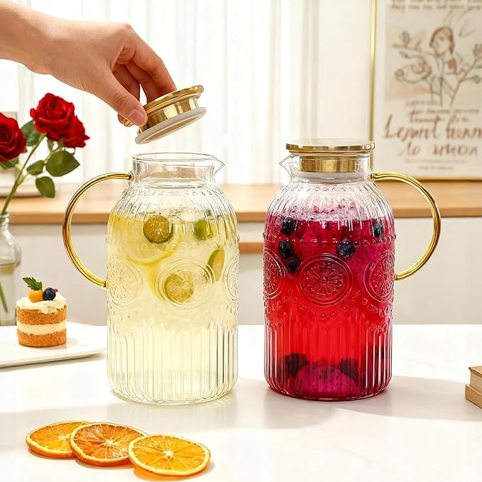 Amzcku Glass Pitcher with Lid, 1 Gallon/128 oz Vintage Water Pitcher,Water Carafe for Cold Brew, Coffee, Lemonade, Iced Tea,Beverage, Heat Resistant Water Glass Jug 1Pack