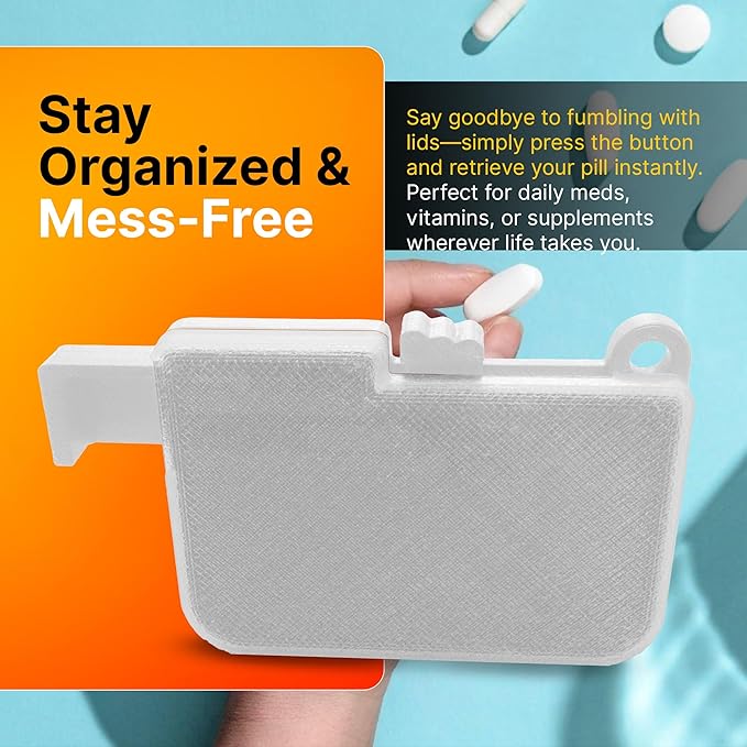 SplashNColor Travel Pill Organizer with Ejector - Portable Pill Case, ABS Material, Fits Pills up to 12mm Dia and 7mm Thickness - Travel Essentials, Pocket Purse Medicine Vitamin Holder - White 3 Pack