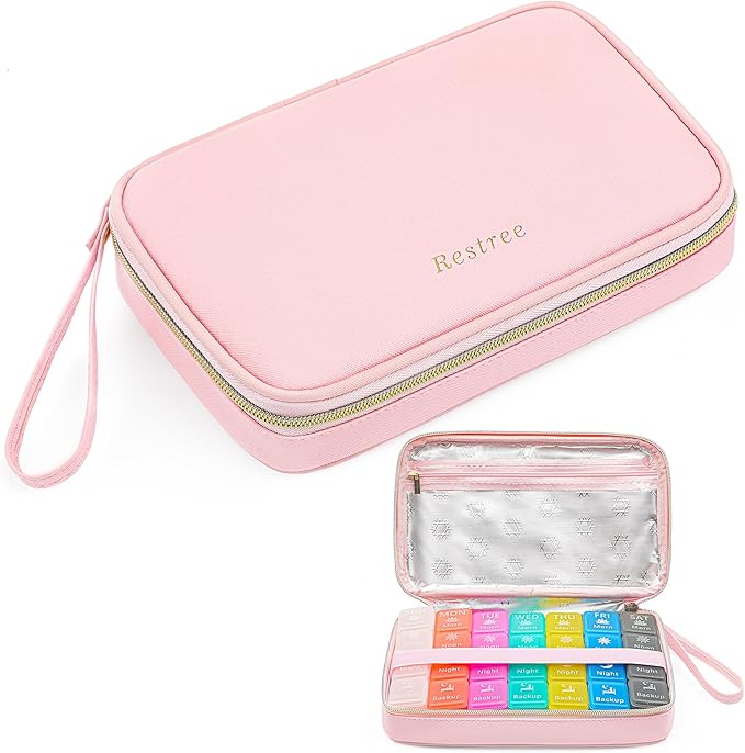 Restree Monthly Pill Organizer 28-Compartment Pill Case, 4 Times Daily Medication Container, Travel-Friendly Pill Box for Vitamins Supplements (Pink)