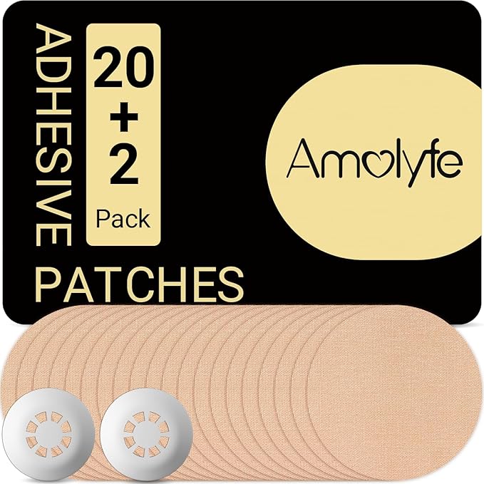 Libre 3 & Plus Sensor Covers Waterproof, 20-Pack Amolyfe Freestyle Libre 3 Covers, Bump-Proof with 2 Hard Caps and Tin Case, Breathable Medical CGM Adhesive Patches, 14-Day CGM Protection (Tan)