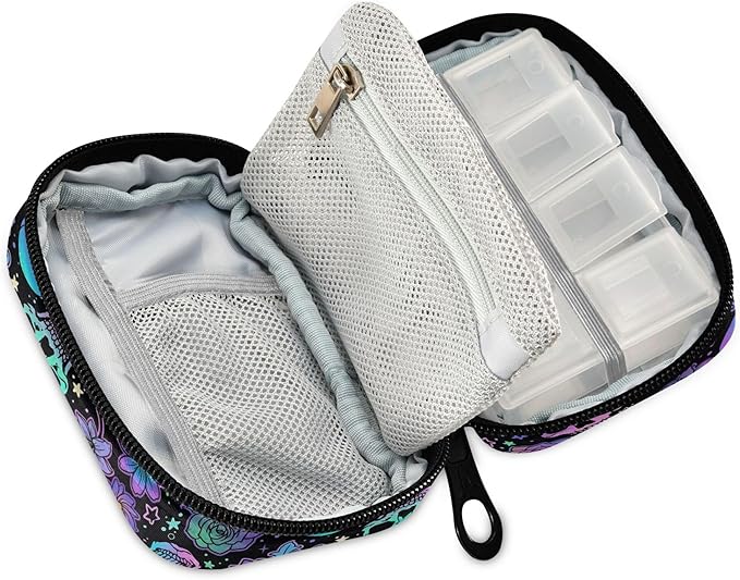 Travel Pill Organizer Bag Weekly Pill Organizer Case Goth Skulls Flowers Portable Small Daily Pill Boxes for Vitamin Fish Oils Supplement Holder with Zipper Compact Size