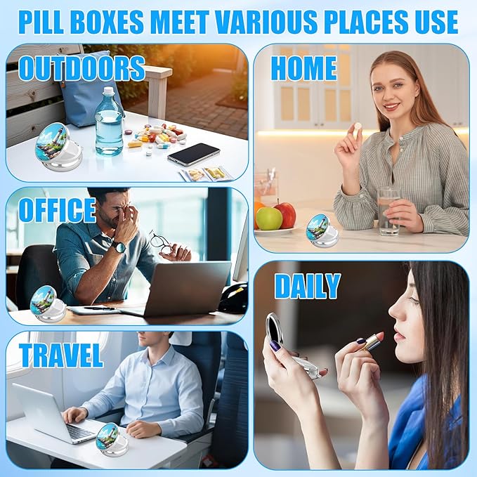 Pill Box, 3 Compartments Small Pill Case Travel Portable Metal Medicine Box with Mirror Mini Container for Purse Pocket Women Men（Lighthouse）