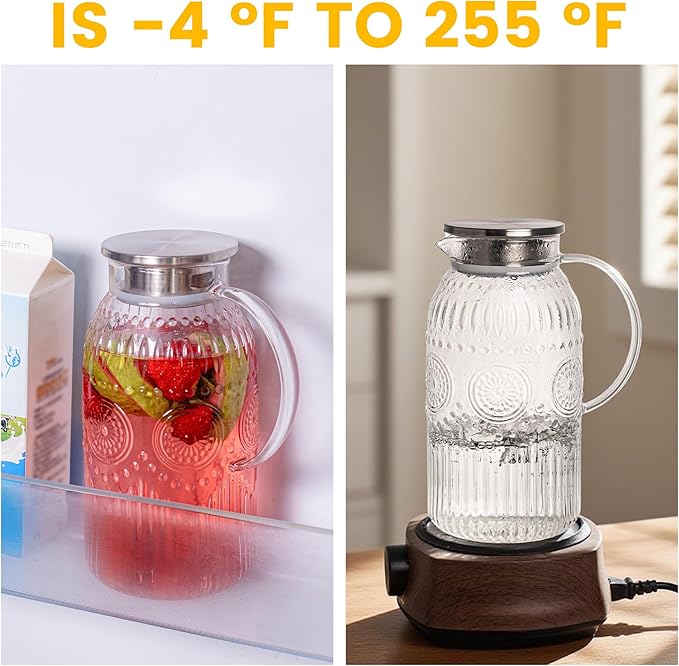 Bandesun Vintage Glass Pitcher with Lid, 101oz/ 3 Liter Water Pitcher with Handle for Fridge Heat Resistant Borosilicate Water Jug, Carafe for Hot/Cold Coffee, Tea,Beverage 1Pack