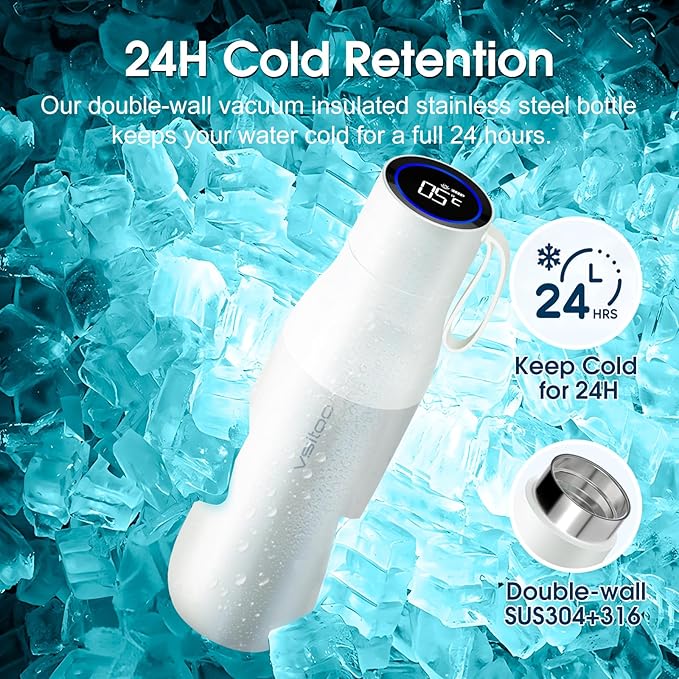 VSITOO 15oz Mini Smart Water Bottle，Self-Cleaning Insulated Bottle, Small Thermoses with AI, App & Touchscreen, Perfect Purse Water Bottle for Travel, Gym & Office, White